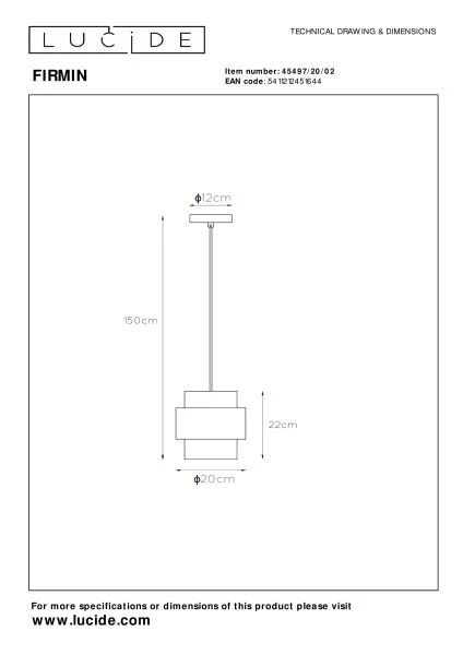 Lucide FIRMIN - Pendelleuchten - Ø 20 cm - 1xE27 - Mattes Gold / Messing - TECHNISCH